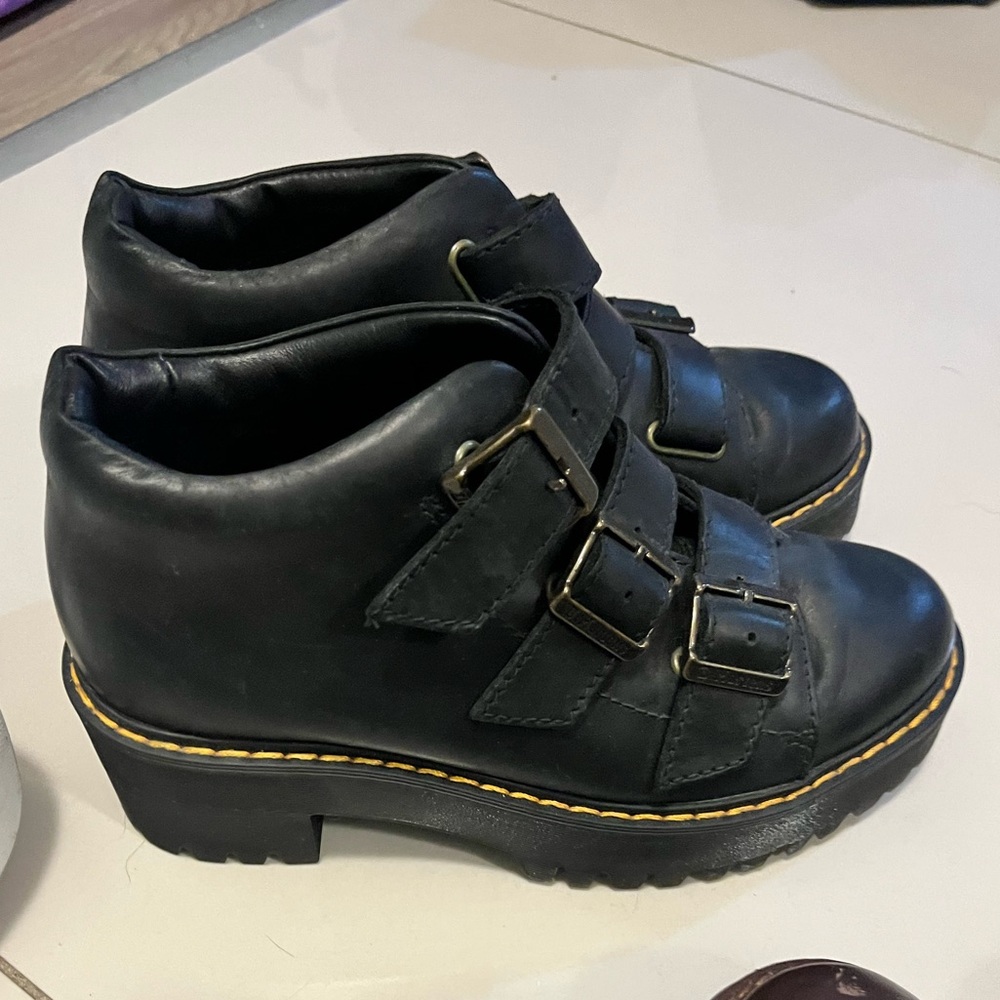 Dr. Martens Black Leather Triple-Buckle Platform Heeled Boots